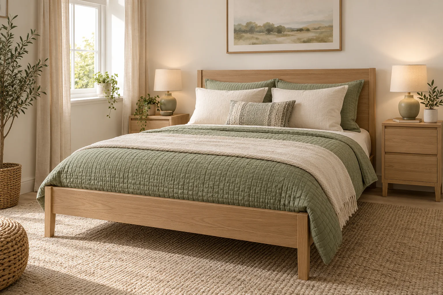 Assembled wooden bed and matching bedside tables