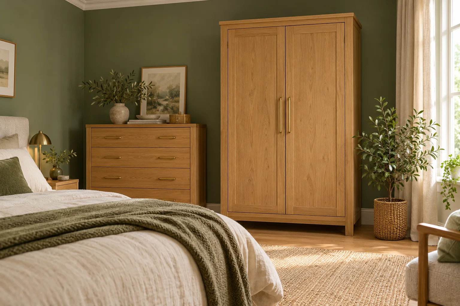 Oak wardrobe and drawers in a warm sage bedroom