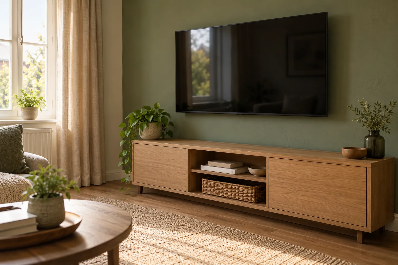 television physically mounted above an oak media cabinet